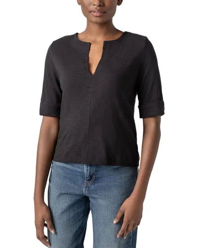 Lilla P Cuff Sleeve Split Neck Top In Black