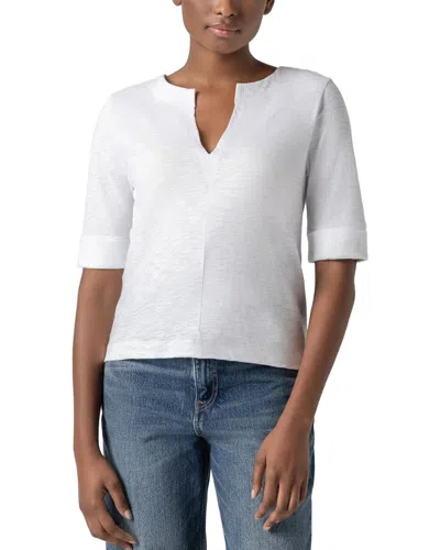 Lilla P Cuff Sleeve Split Neck Top In White