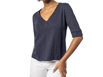 Lilla P Cuffed Elbow Sleeve V Neck In Navy In Blue