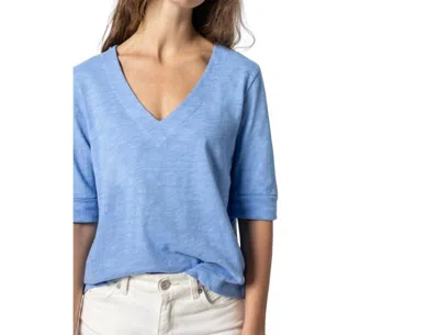 Lilla P Cuffed Elbow Sleeve V Neck Tee In Harbor In Blue
