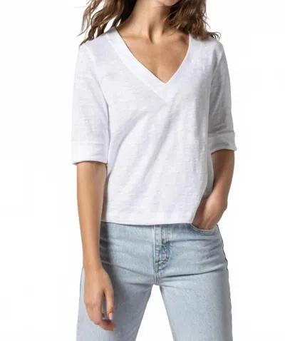 Lilla P Cuffed Elbow Sleeve V-neck Tee In White