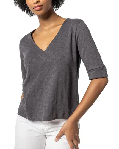 Lilla P Cuffed Elbow Sleeve V-neck Top In Gray