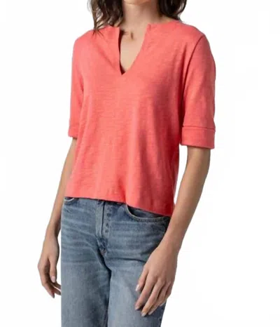 Lilla P Cuffed Sleeve Split Neck Tee In Reef In Pink