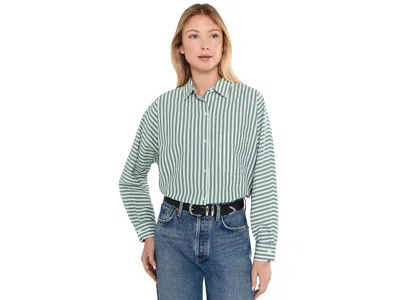 Lilla P Dolman Sleeve Button-down Shirt Women's Clothing Mineral Stripe: Xs, Cotton In Blue