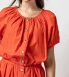 Lilla P Elastic Hem Button Front Top In Poppy In Red