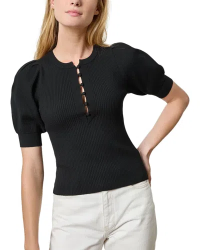 Lilla P Elbow Sleeve Henley Sweater In Black