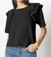 LILLA P ELBOW SLEEVE RUFFLE CREWNECK TOP IN BLACK