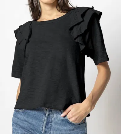 Lilla P Elbow Sleeve Ruffle Crewneck Top In Black