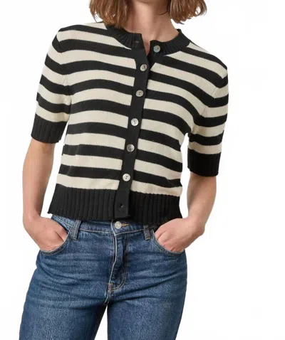 Lilla P Elbow-length Button Cardigan In Jet Black Stripe In Multi