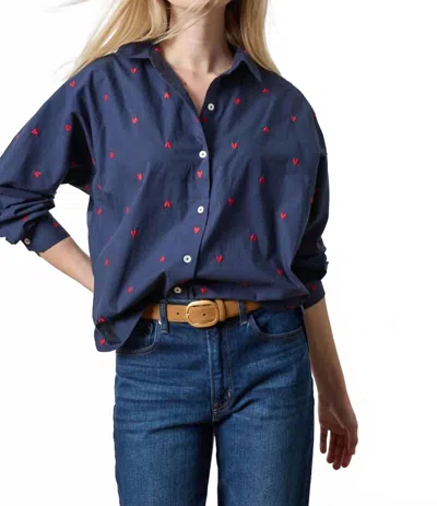 Lilla P Embroidered Hearts Button Down In Navy In Blue