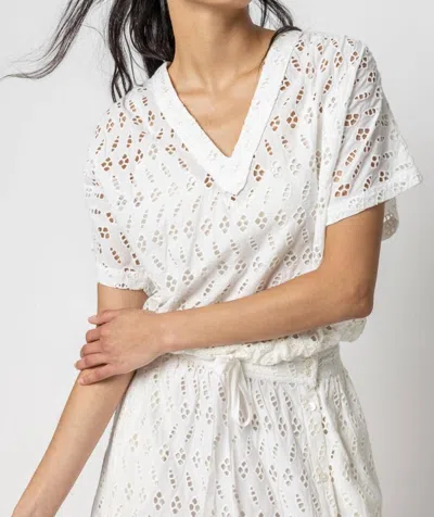 LILLA P EYELET DRAWSTRING DOLMAN V-NECK TOP IN WHITE