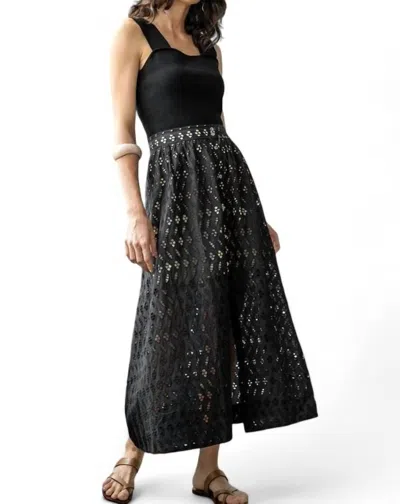 LILLA P EYELET SIDE BUTTON MAXI SKIRT IN BLACK