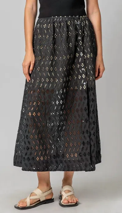 LILLA P EYELET SIDE BUTTON MAXI SKIRT IN BLACK