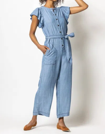 Lilla P Flutter Sleeve Jumpsuit In Washed Chambray In Blue