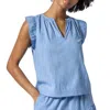 Lilla P Flutter Sleeve Split Neck Top In Harbor In Blue
