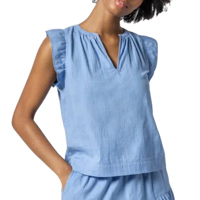 Lilla P Flutter Sleeve Split Neck Top In Harbor In Blue
