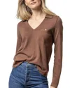 Lilla P Long Sleeve Collared V-neck Top In Java In Brown