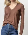 LILLA P LONG SLEEVE COLLARED V-NECK TOP IN JAVA