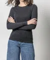 Lilla P Long Sleeve Raw Edge Crewneck Top In Black In Black