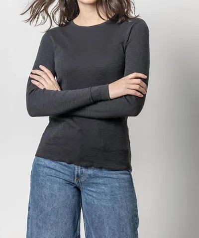 Lilla P Long Sleeve Raw Edge Crewneck Top In Black