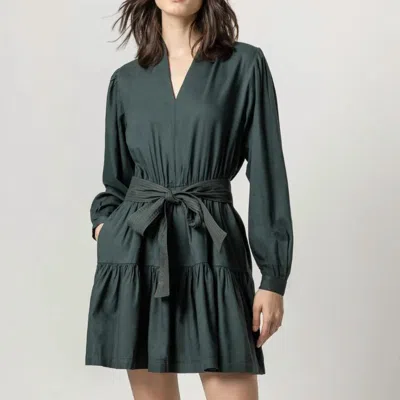 Lilla P Long Sleeve Split Neck Peplum Dress In Elm In Green