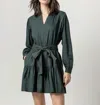 Lilla P Long Sleeve Split Neck Peplum Dress In Elm In Green