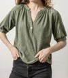 Lilla P Loose Knit Slub Shirred Split Neck Tee In Agave In Gray