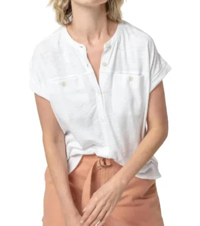 Lilla P Mandarin Collar Button Down Shirt In White