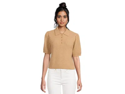 Lilla P Mixed Stitch Elbow Sleeve Polo In Brown
