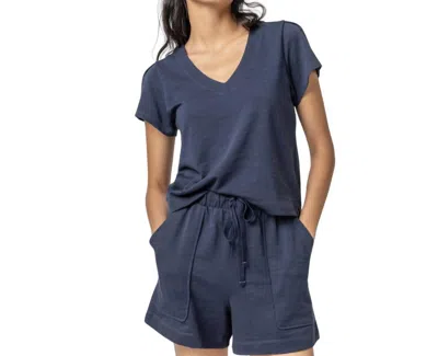 Lilla P Pleated Cap Sleeve V-neck Tee In Navy In Blue