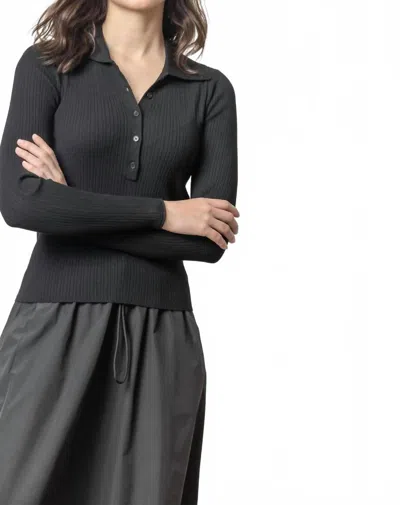 Lilla P Polo Collar Henley Sweater In Black