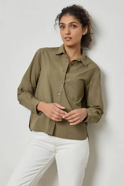 Lilla P Poplin Button Down Top In Olive In Multi