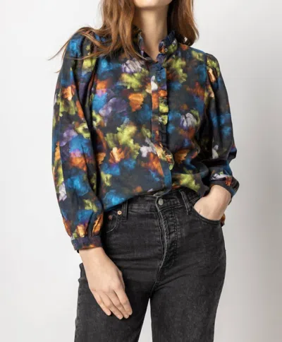Lilla P Printed Full Sleeve Ruffle Front Top In Winter Floral In Multi
