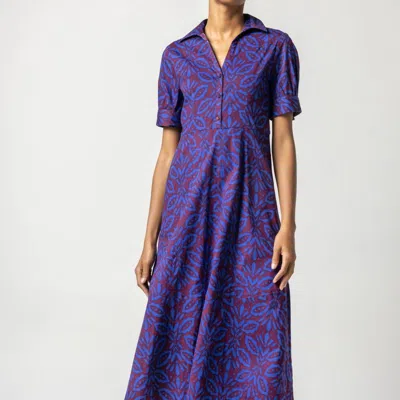 Lilla P Printed Poplin Collared Maxi Dress In Cobalt Motif In Blue