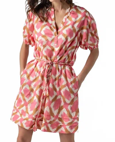 Lilla P Printed Voile Shirred Elbow Sleeve Dress In Punch Ikat Print In Multi