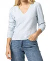 Lilla P Puff Sleeve Waffle V-neck Top In Crystal In Blue