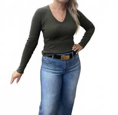 Lilla P Rib Slub Long Sleeve V Neck Top In Lichen In Green