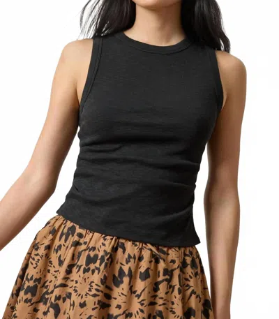 Lilla P Rib Slub Side Pleat Tank Top In Black