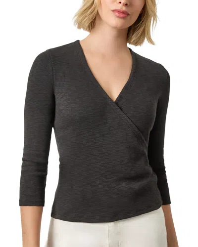 Lilla P Ribbed Slub 3/4 Sleeve Surplice In Black