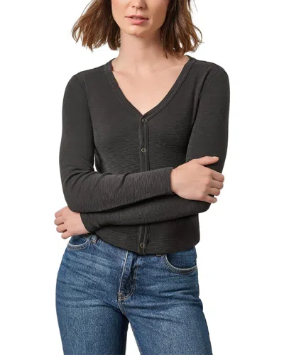 Lilla P Ribbed Slub Snap V-neck In Black