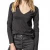 Lilla P Rolled Edge V-neck Tee In Black In Black