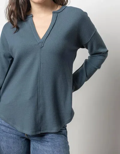 Lilla P Rounded Hem Split Neck Top In Abyss In Blue