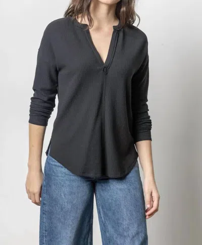 Lilla P Rounded Hem Split Neck Top In Black