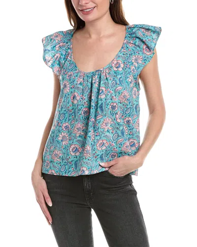 Lilla P Ruffle Sleeve Linen-blend Top In Blue
