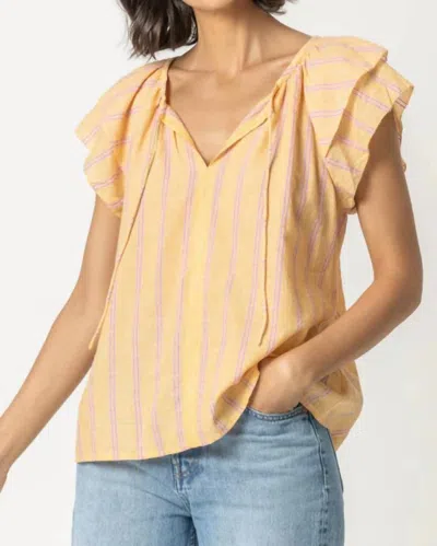 Lilla P Ruffle Sleeve Split Neck Top In Sorbet Stripe In Multi