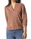 Lilla P Shirred Long Sleeve Split Neck Top In Clove In Brown