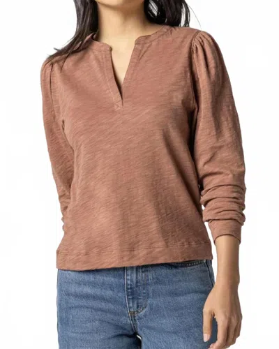 Lilla P Shirred Long Sleeve Split Neck Top In Clove In Brown