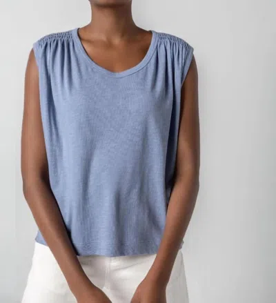 Lilla P Shirred Shoulder Scoop Neck Tee In Indigo In Blue