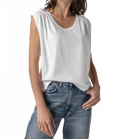 Lilla P Shirred Shoulder Scoop Neck Tee Top In White In Gray