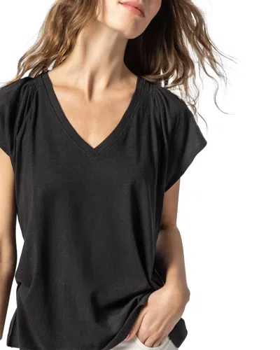 Lilla P Shirred Shoulder V-neck Tee In Black